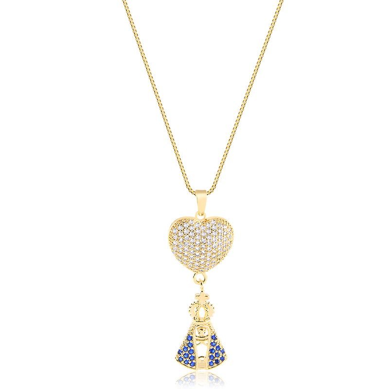Colar Coração e Nossa Senhora Aparecida Folheado a Ouro 18k