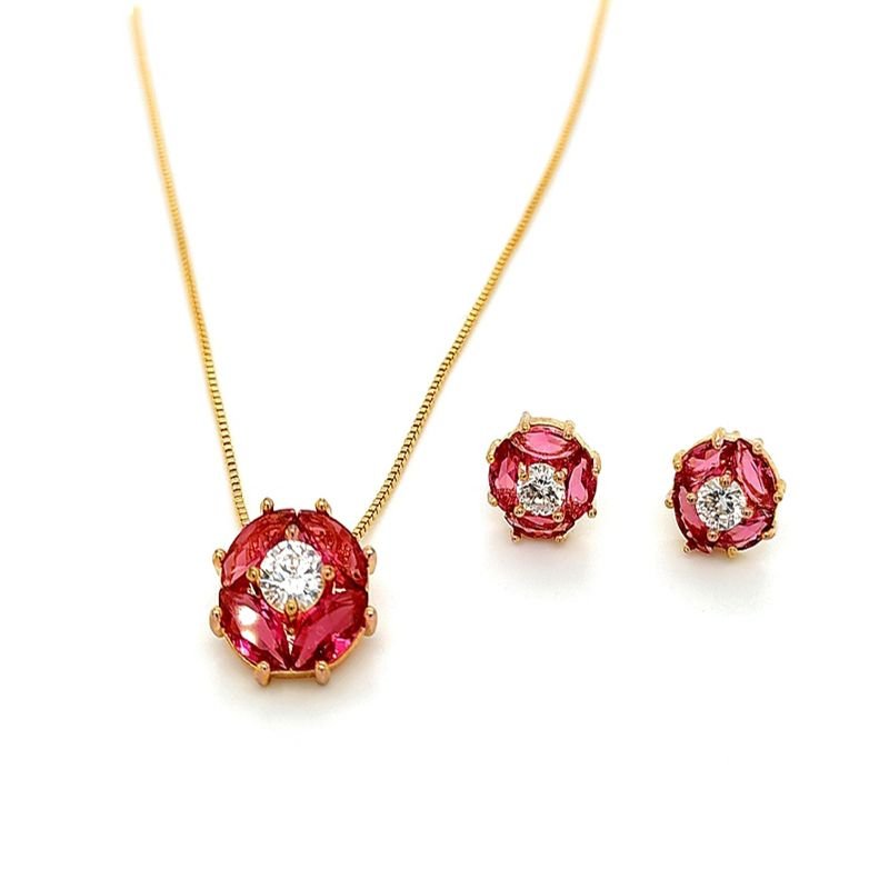 kit Brinco e Colar Zircônias Redondo Folheado a Ouro 18k