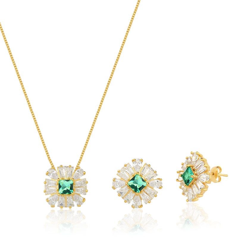 Kit Brinco e Colar Zircônias Folheado a Ouro 18k