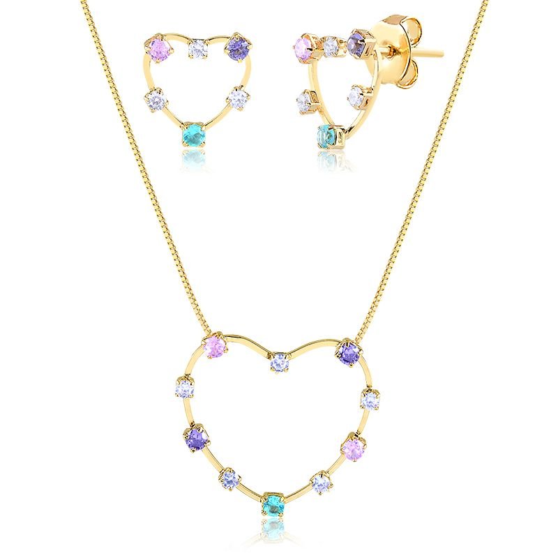 Kit Brinco e Colar de Coração com Zircônias Coloridas Folheado a Ouro 18k