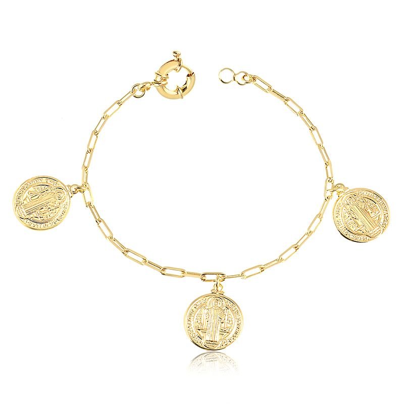 Pulseira Medalha São Bento com Fecho Boia Folheado a Ouro 18k